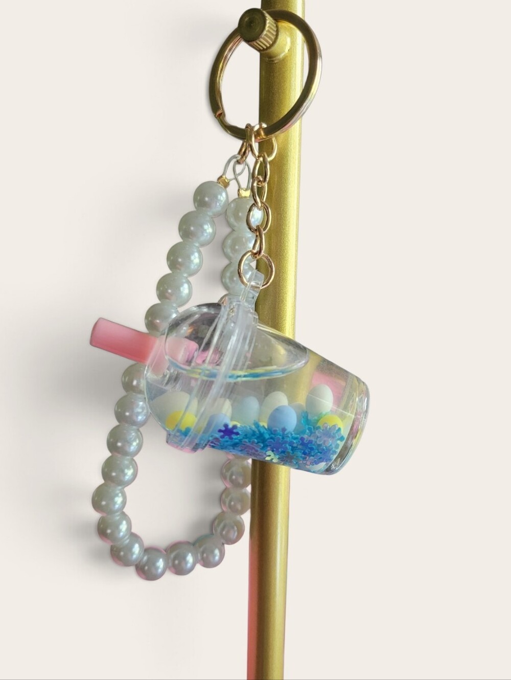Cute Pearl Bead Milk Tea Keychain - Pink Straw